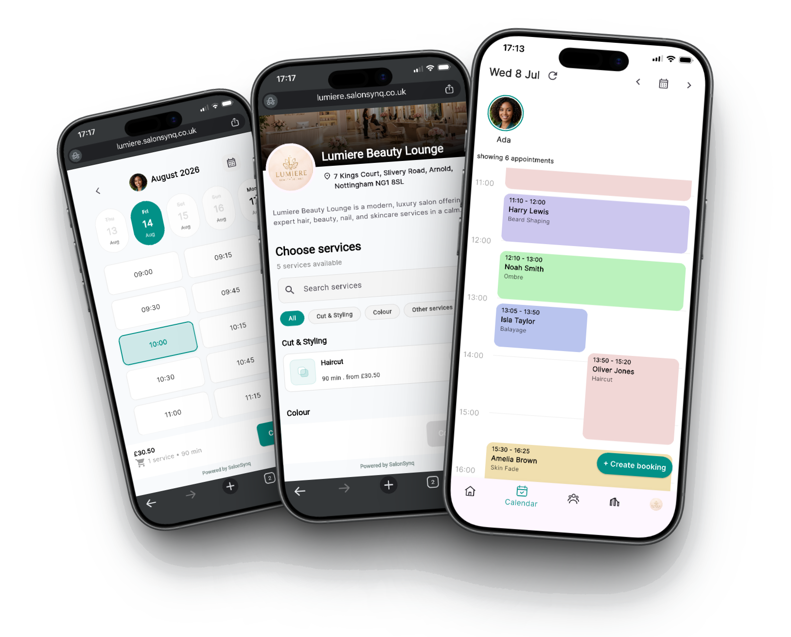 SalonSynq booking page and partner calendar app screens