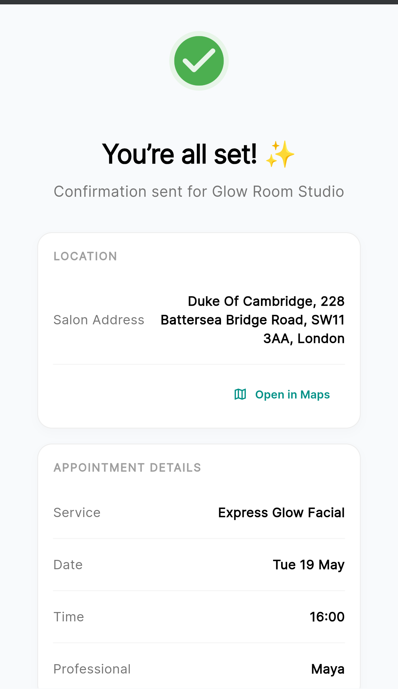 SalonSynq booking confirmed screen