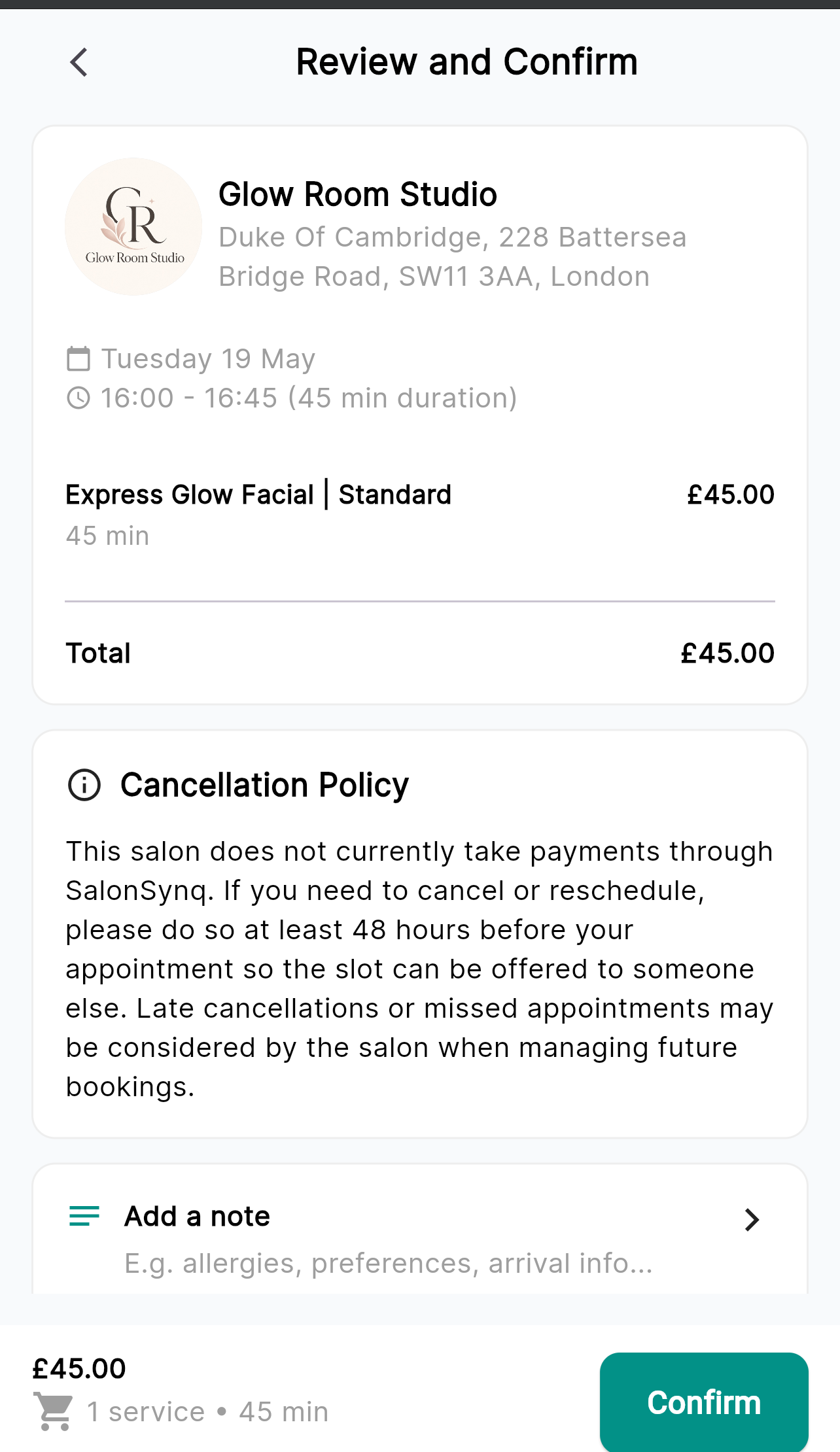 Client reviews and confirms a SalonSynq booking